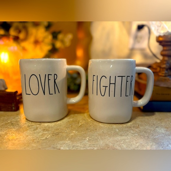 RAE DUNN ARTISAN COLLECTION BY MAGENTA "LOVER & FIGHTER" COFFEE TEA MUGS-2PC - Picture 1 of 7